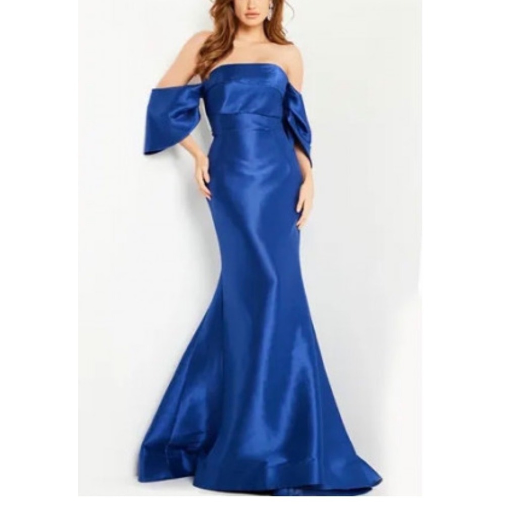 Jovani Royal Blue Satin Mermaid Gown Off Shoulder Strapless Formal Dress 14 NEW
